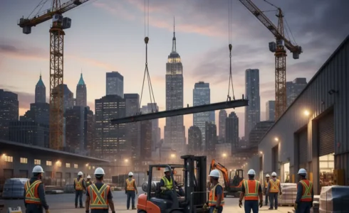 NYC workers following safety protocols in construction and warehouse environments