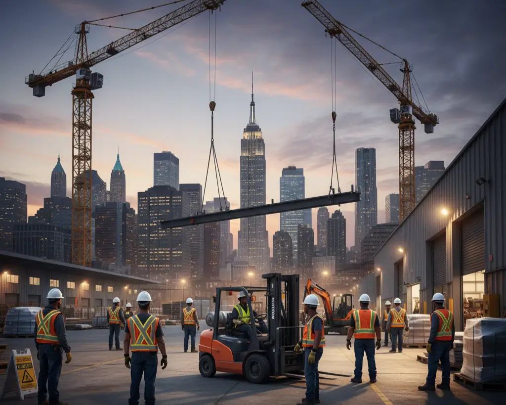 NYC workers following safety protocols in construction and warehouse environments