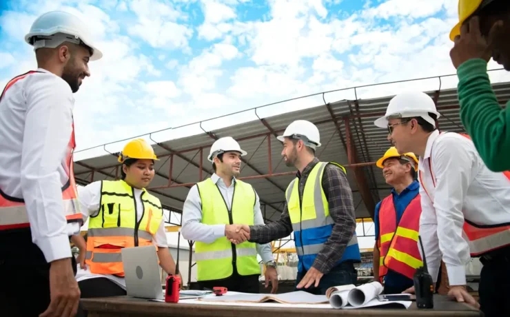 Construction workers gathered for a toolbox talk safety meeting