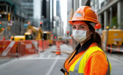 A physical OSHA card placed on a map of New York City, with construction sites in the background.