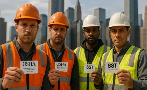 NYC construction workers displaying OSHA 30 and SST cards at job site.