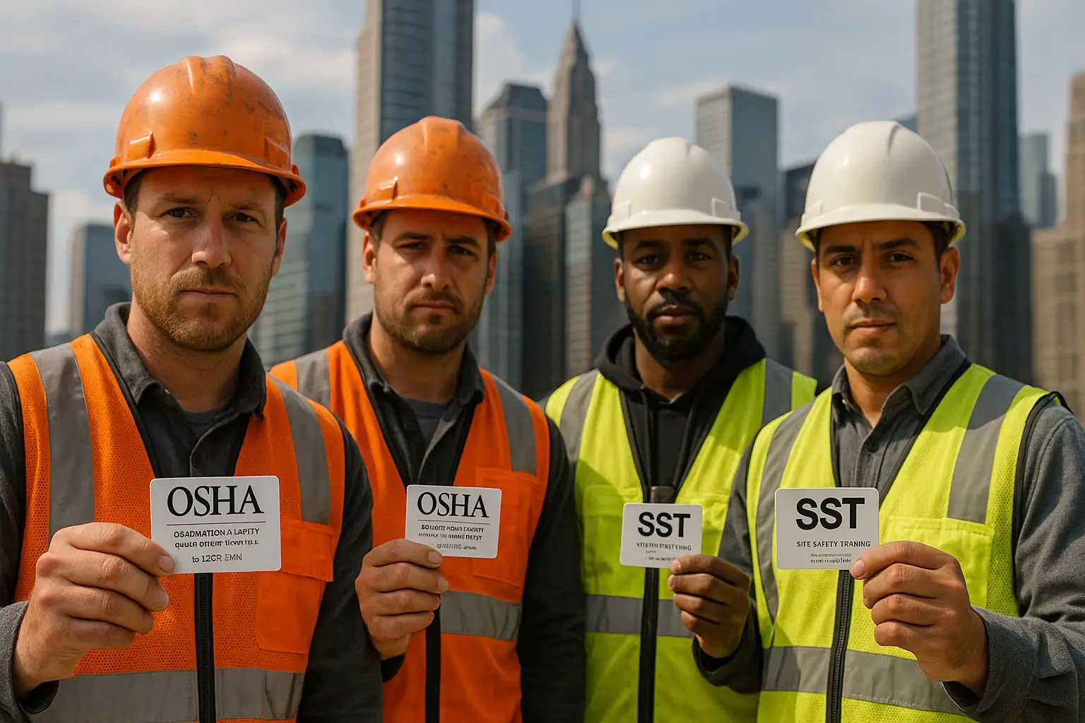 NYC construction workers displaying OSHA 30 and SST cards at job site.