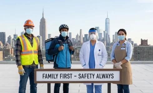 NYC workers in PPE with skyline representing improved worker safety under Mamdani.