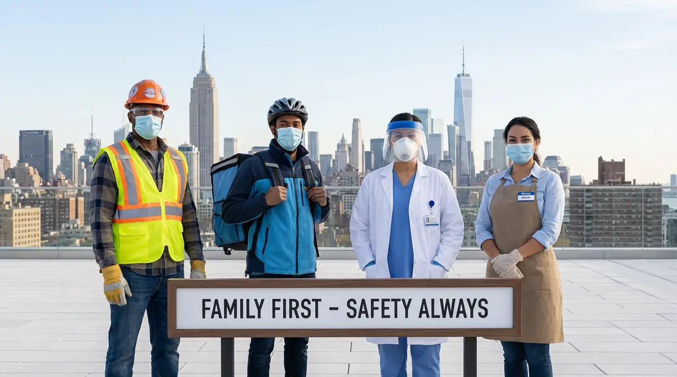 NYC workers in PPE with skyline representing improved worker safety under Mamdani.