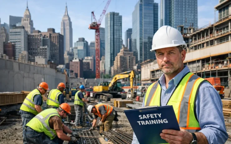 NYC construction crew discussing OSHA 30 and site safety training