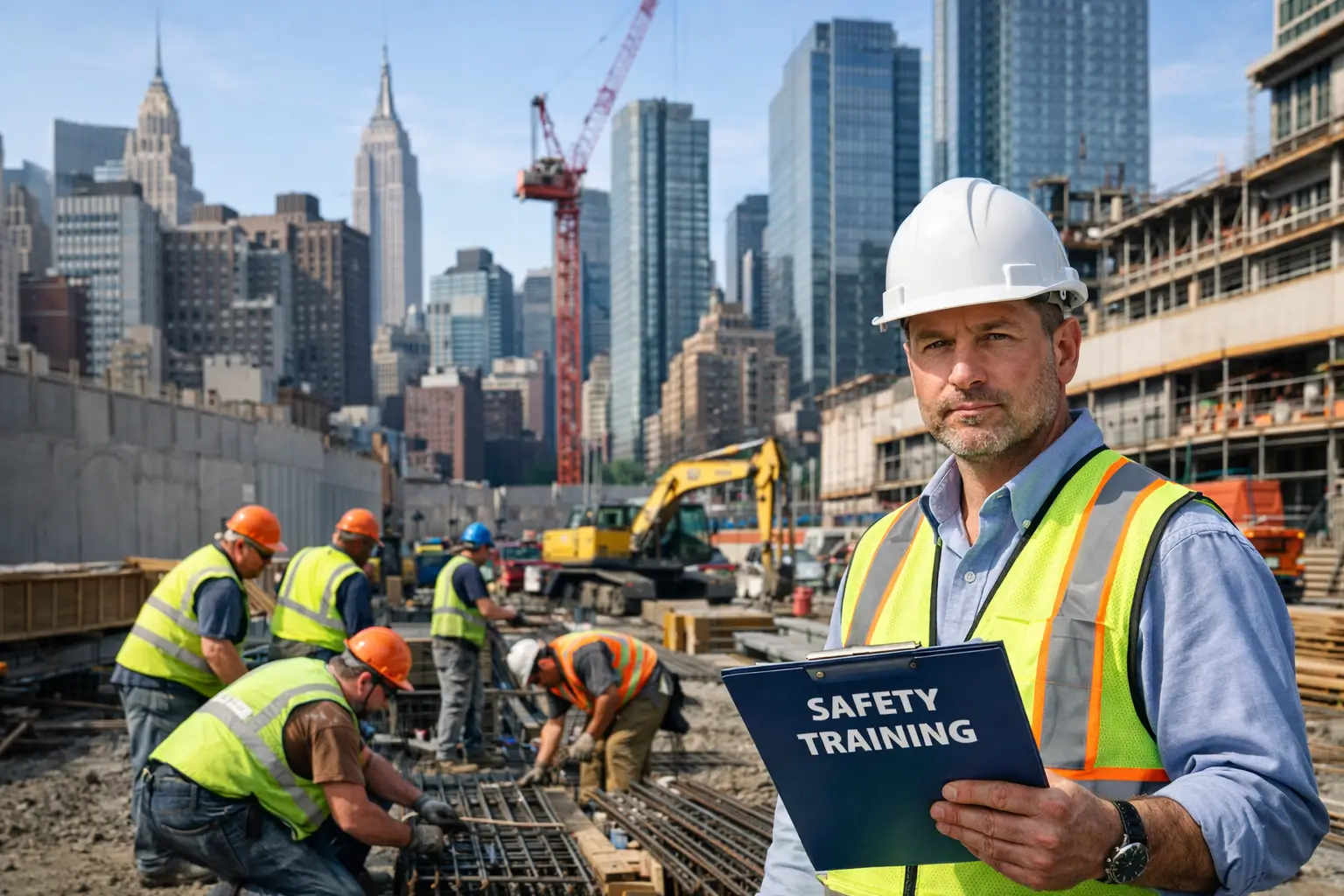 NYC construction crew discussing OSHA 30 and site safety training