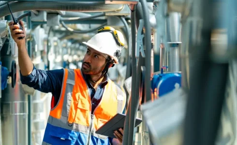 OSHA inspector reviewing workplace safety documents during inspection