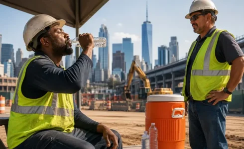 New York worker resting in shade and drinking water to prevent heat illness during extreme heat