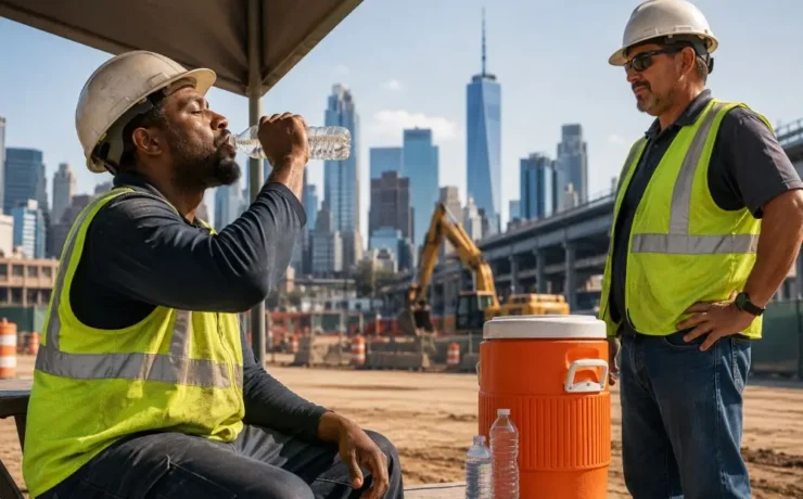 New York worker resting in shade and drinking water to prevent heat illness during extreme heat