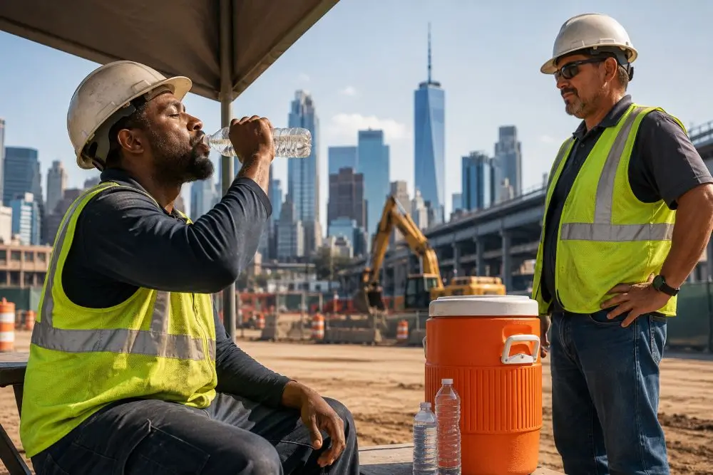New York worker resting in shade and drinking water to prevent heat illness during extreme heat